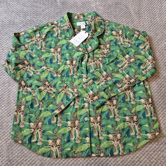 Denise Rae Organic Cotton Poplin Women Large Pajama Set Green Leopard Wild Free - Picture 2 of 13